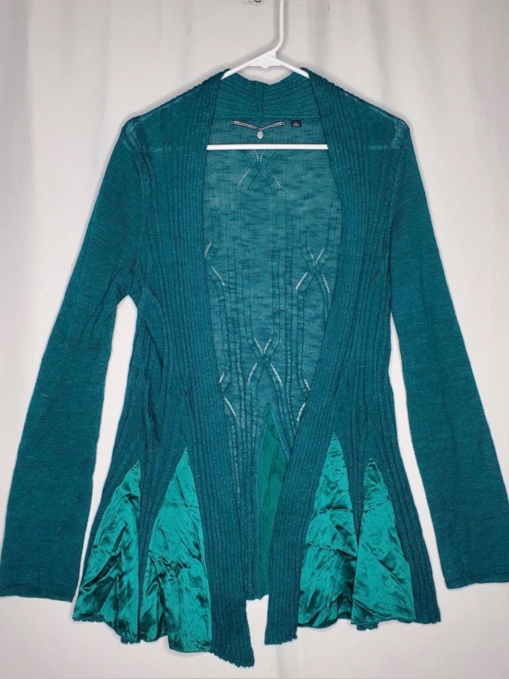 Anthropologie Knitted and Knotted Green and Satin Cardigan Sweater size Large